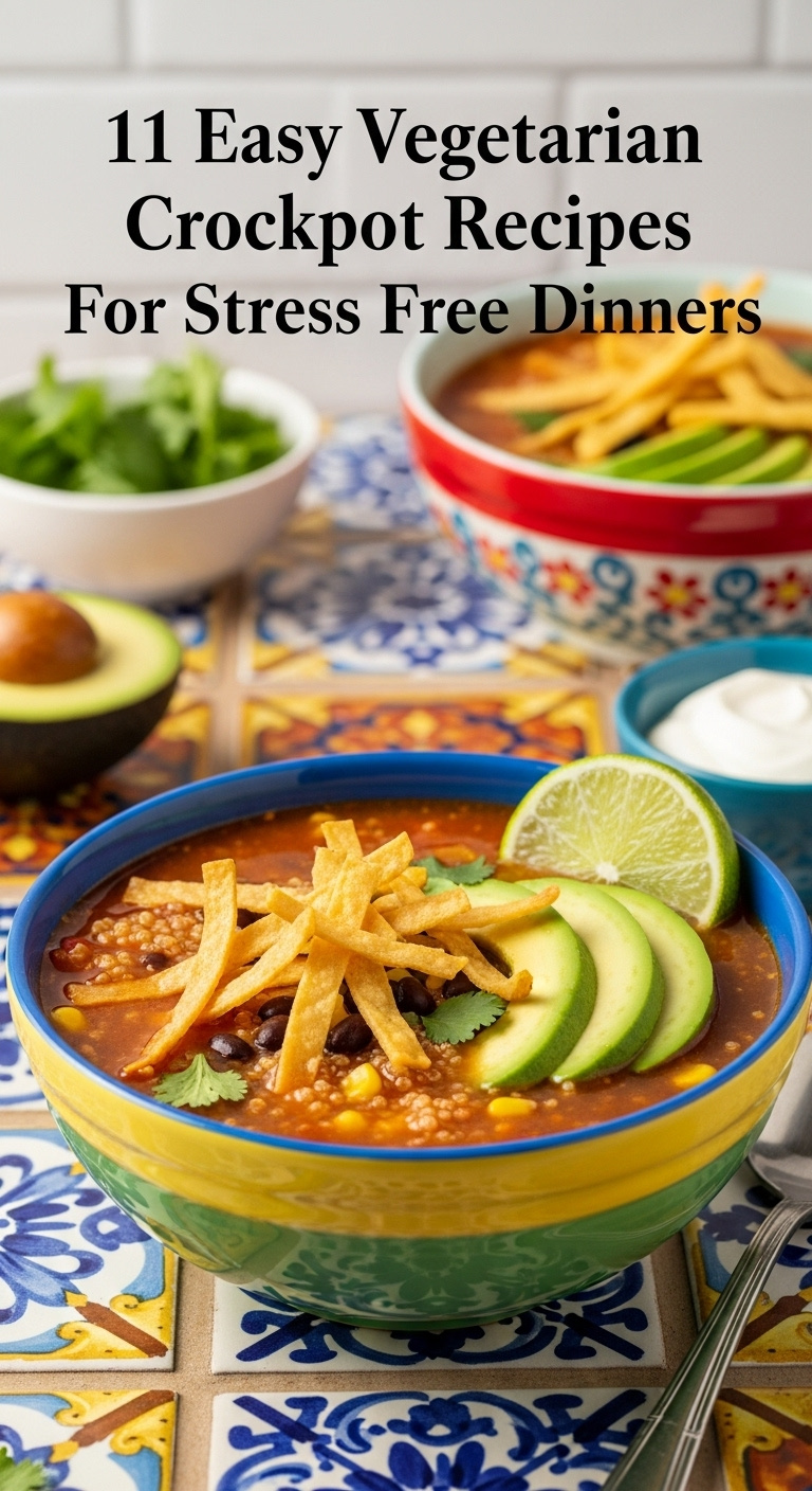 Slow Cooker Quinoa Tortilla Soup With Black Beans Corn Tortilla Strips Avocado Lime Cilantro And Sour Cream