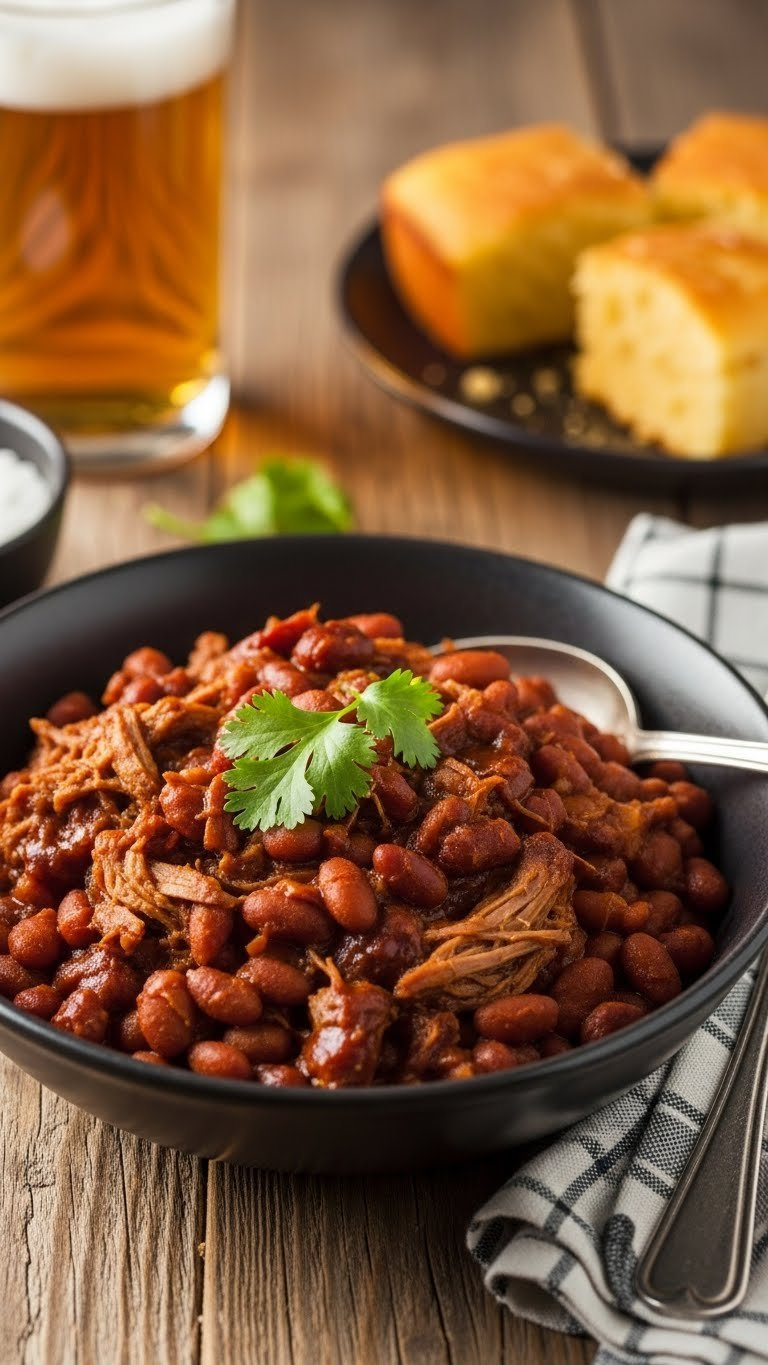 Slow Cooker Smoky Bbq Baked Beans With Tender Pulled Pork In Rustic Ceramic Bowl Garnished With Cilantro