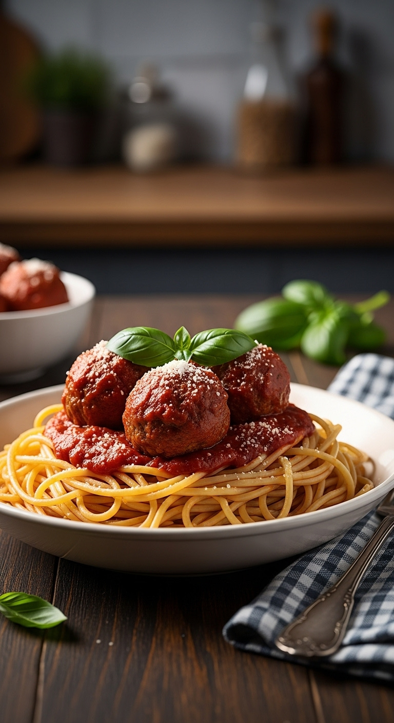 Slow Cooker Spaghetti And Meatballs With Rich Red Sauce Basil And Parmesan In A Bowl On A Dark Wooden Table