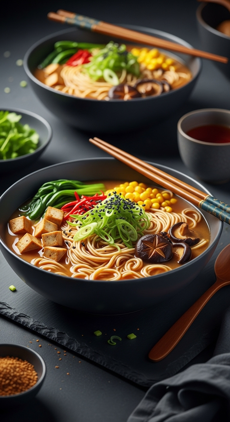 Slow Cooker Vegan Miso Ramen Soup With Noodles Tofu Mushrooms Green Onions Corn And Black Sesame Seeds With Chopsticks And Tea