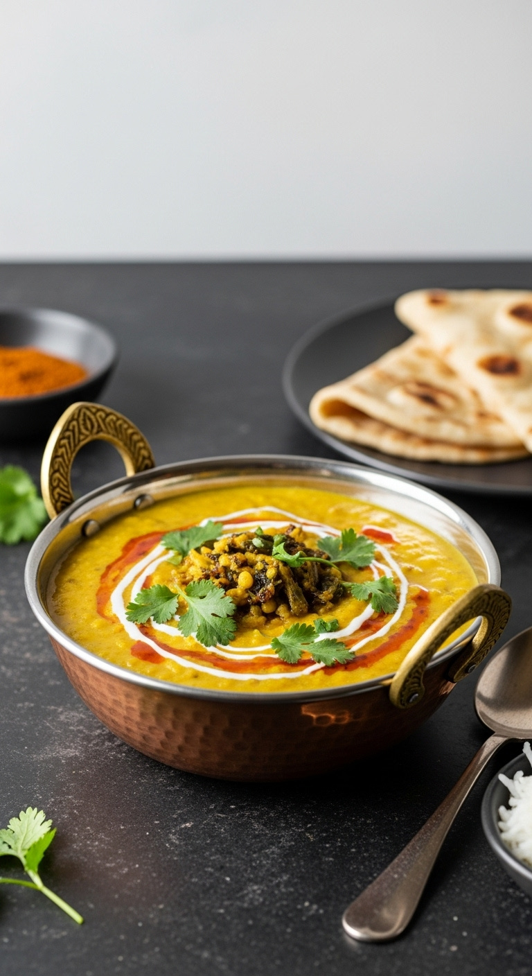 Slow Cooker Vegetable And Red Lentil Dal In Copper Bowl With Coconut Cream Cilantro Spice Oil Naan Bread And Rice