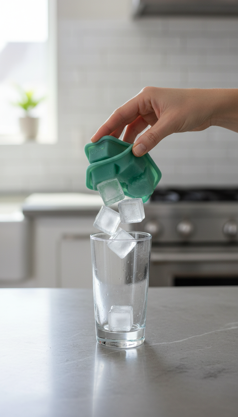 A Person Easily Twisting A Green Silicone Ice Cube Tray To Release Small Ice Cubes Into A Glass.