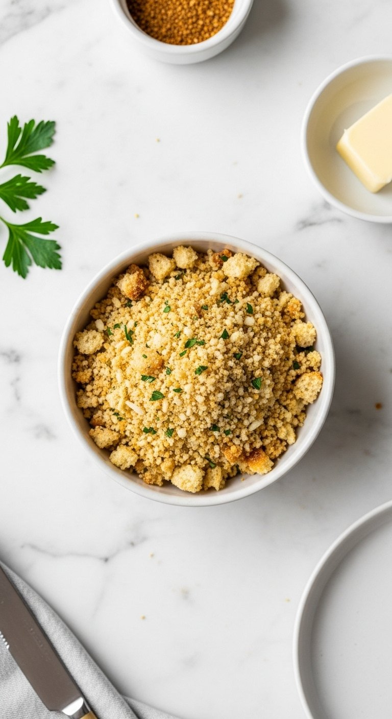 Small Bowl Of Golden Crispy Panko Breadcrumbs Mixed With Cheese And Seasonings On A Marble Countertop.