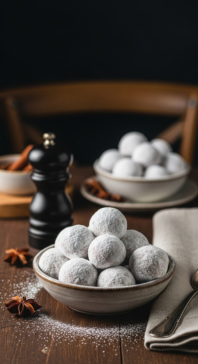 Small Bowl Of Powdered-Sugar-Dusted Pfeffernüsse Cookies, Star Anise, Peppercorn Grinder On Dark Wood Table, Cozy Christmas.