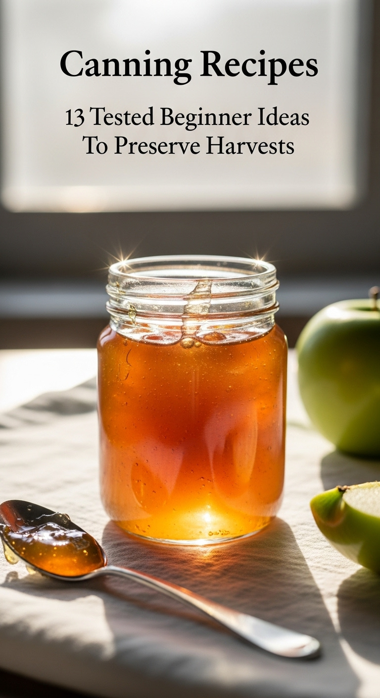 Small Elegant Glass Jar Of Translucent Amber Apple Jelly Glowing In Sunlight On A White Linen With A Spoon And Green Apple