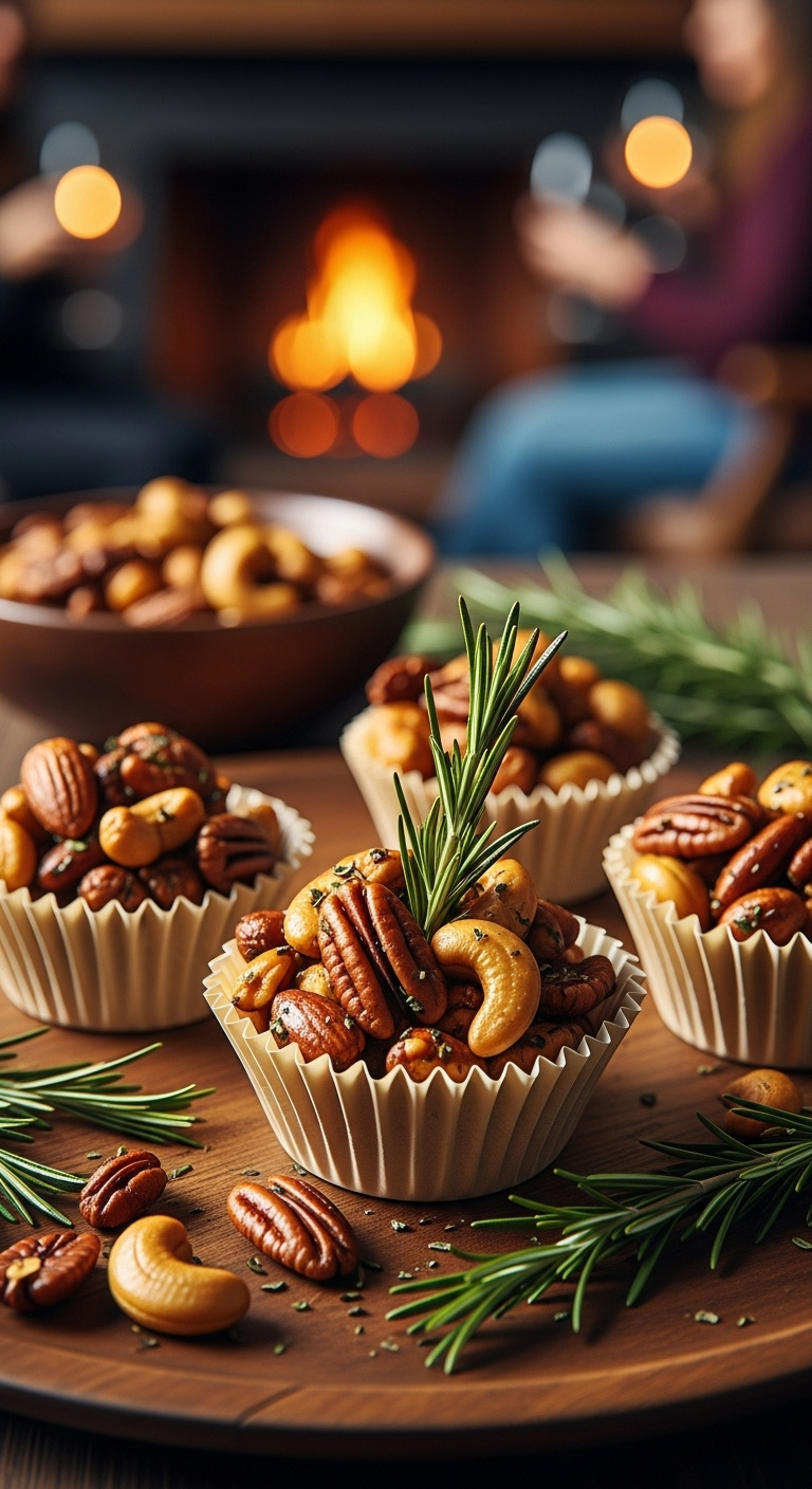 Small Elegant Paper Cups Filled With Warm Glistening Rosemary Roasted Nuts Including Almonds Cashews And Pecans