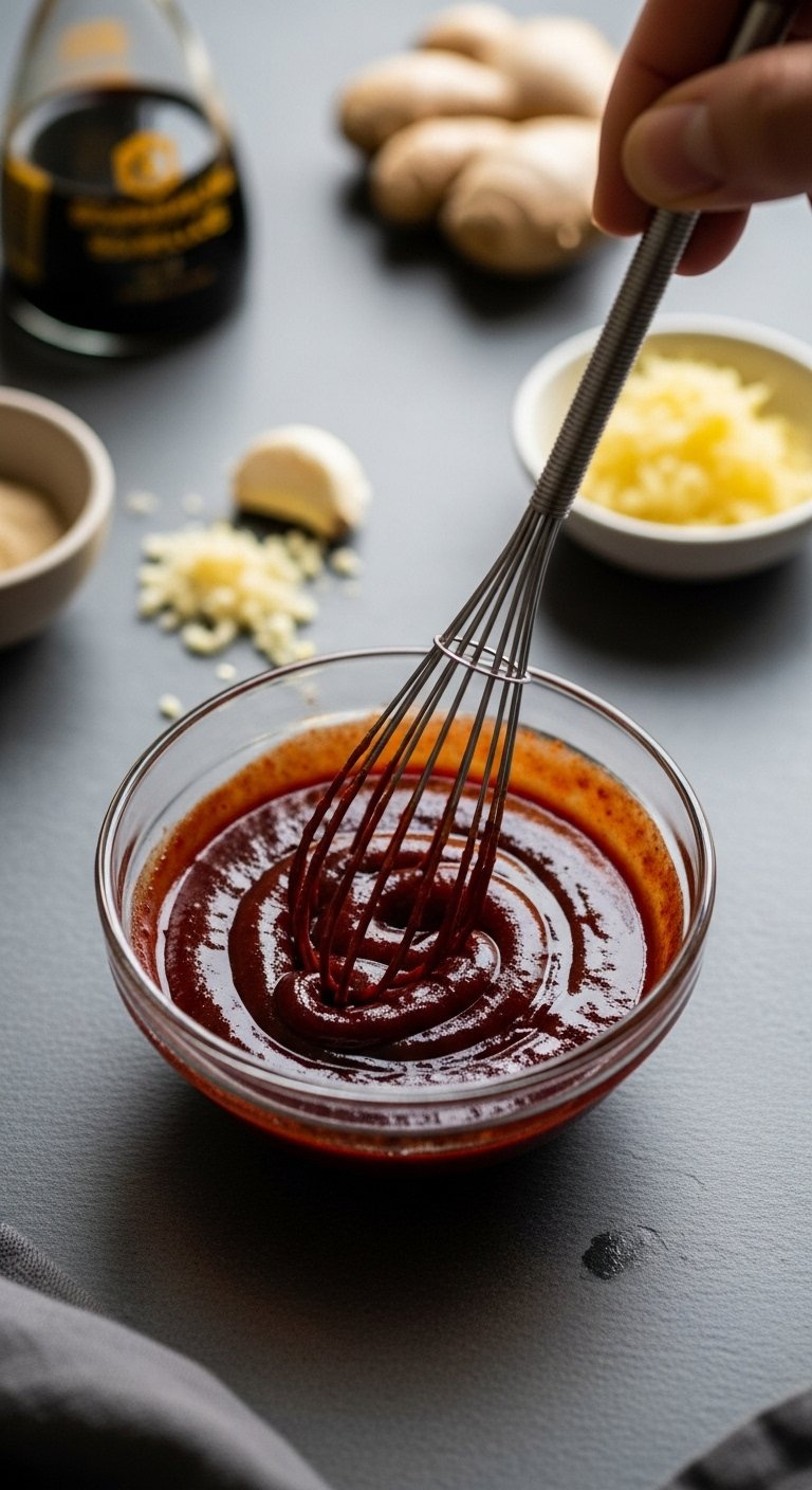 Small Glass Bowl Of Glossy Deep Red Gochujang Sauce Being Whisked On A Neutral Gray Slate Surface.