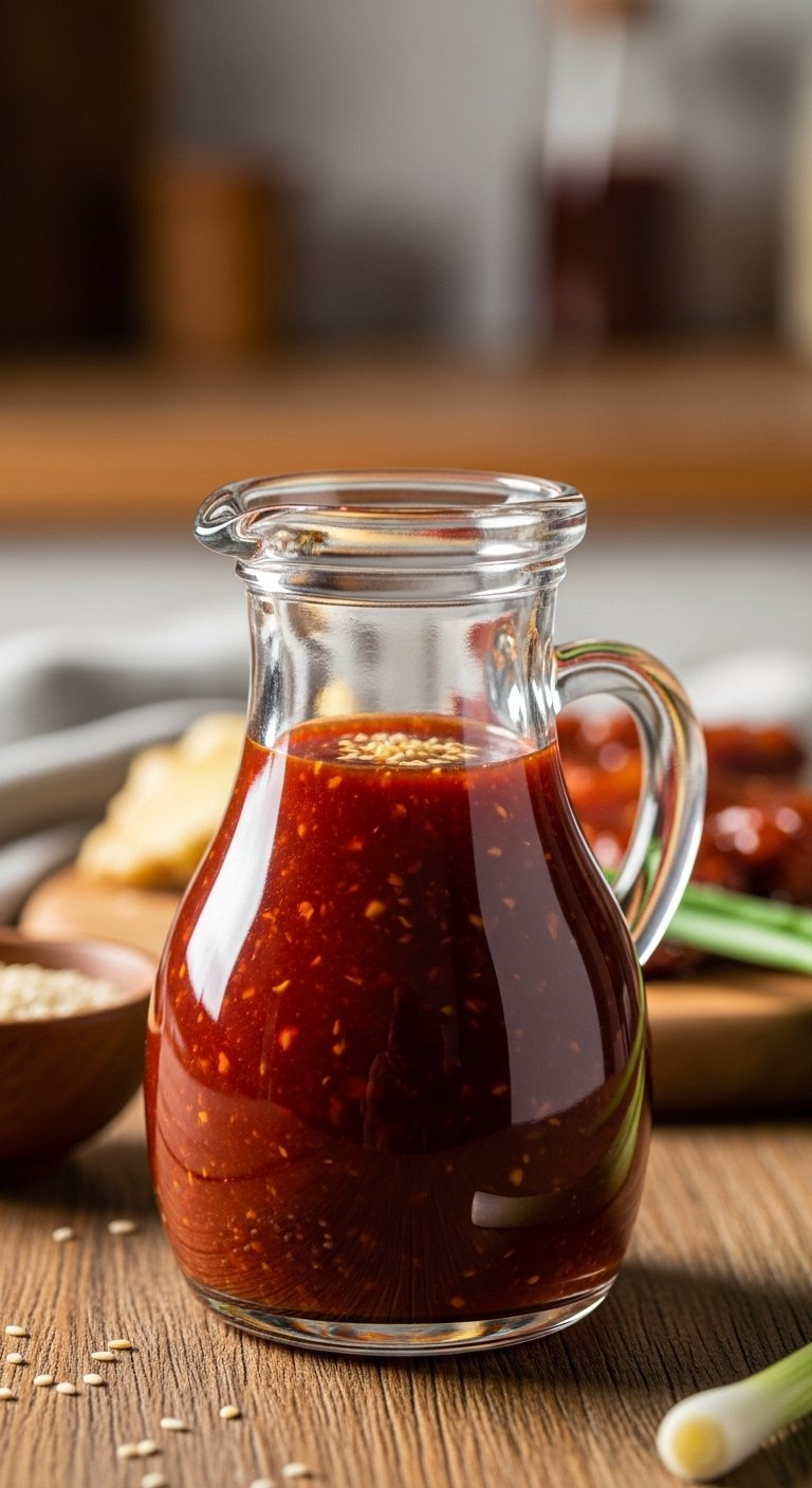 Small Glass Jug Filled With Glossy Deep Red Korean Bbq Sauce Featuring Garlic And Ginger Flecks.