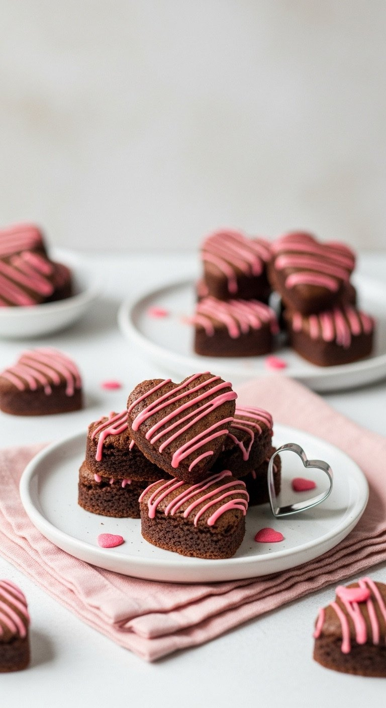 Small Heart-Shaped Brownie Bites With Fudgy Interiors, Crackled Tops, And Pink Icing Drizzle On A White Plate With Napkin.