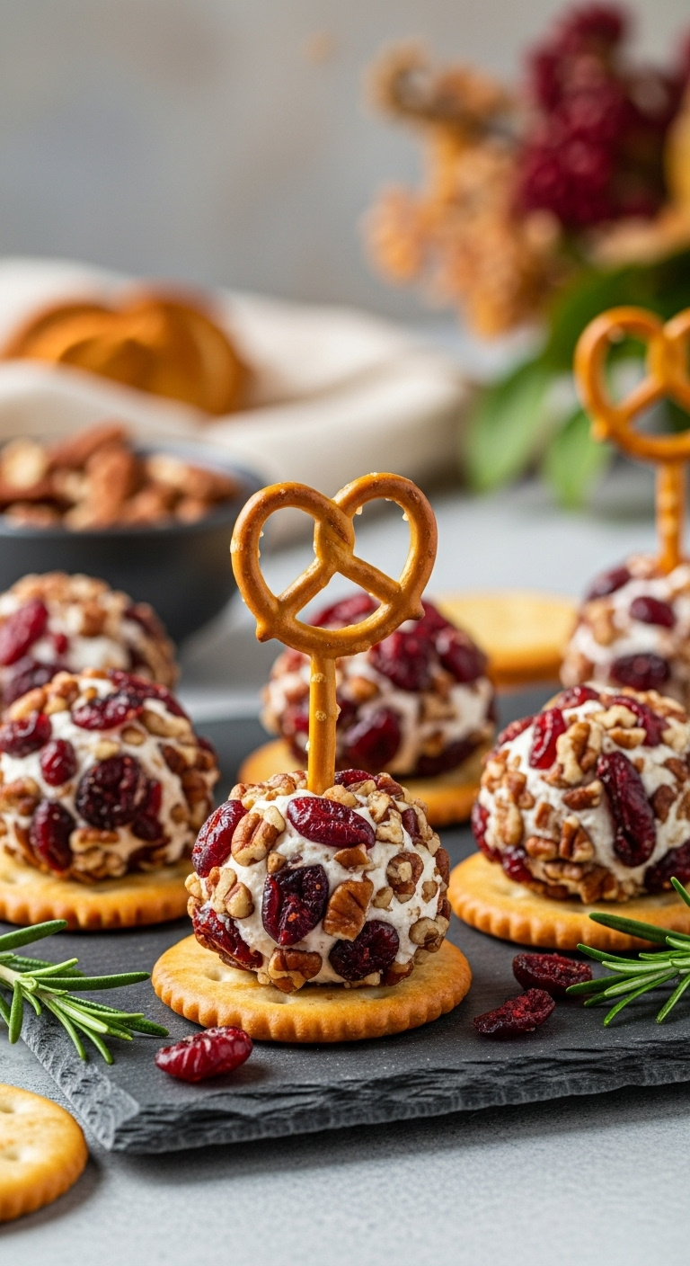 Small Perfectly Round Goat Cheese Balls Coated In Chopped Pecans And Dried Cranberries Served On Artisan Crackers