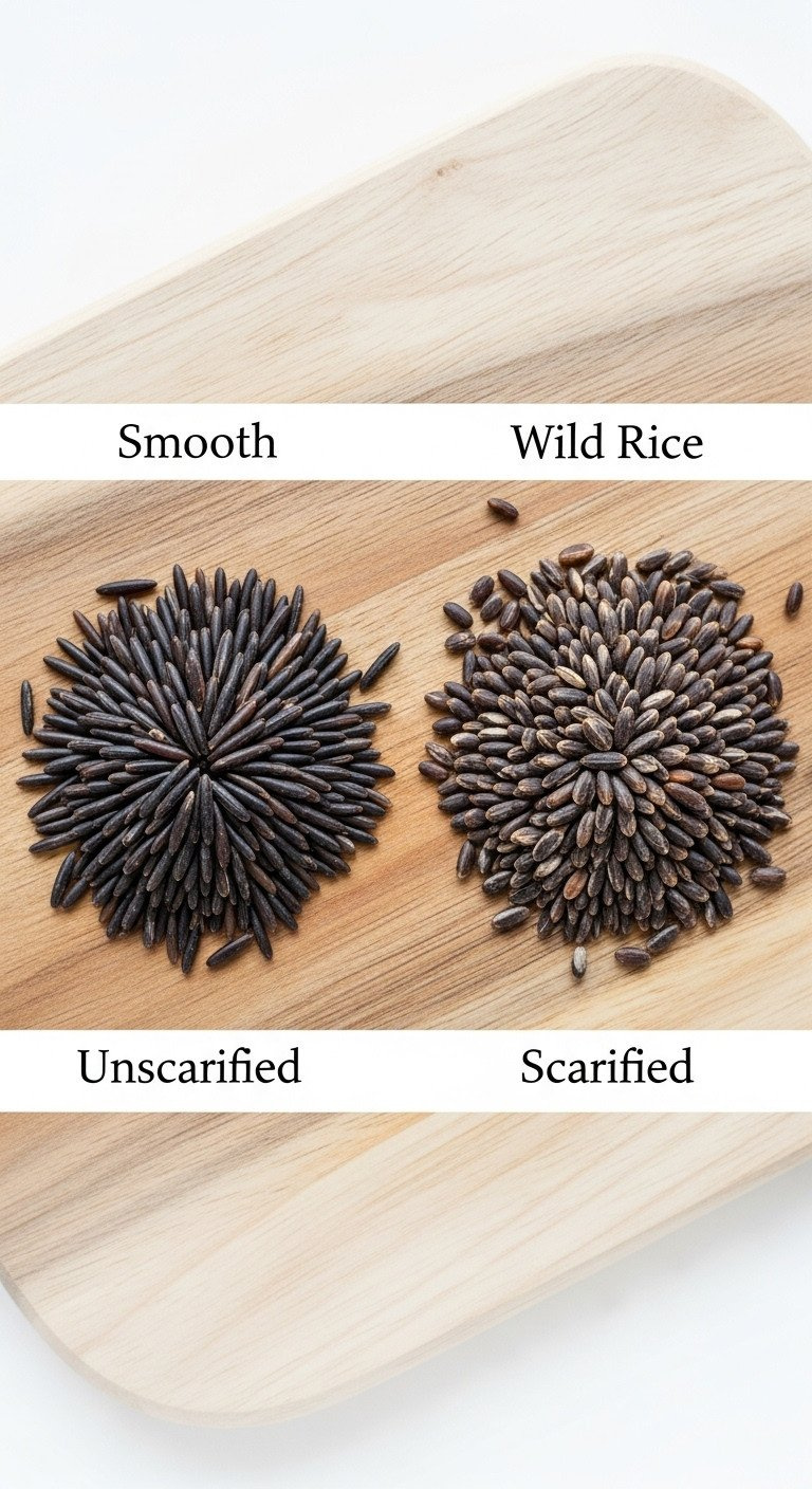 Small Piles Of Unscarified And Scarified Wild Rice Kernels On A Rustic Wooden Board, Showing Textural Differences For Cooking.