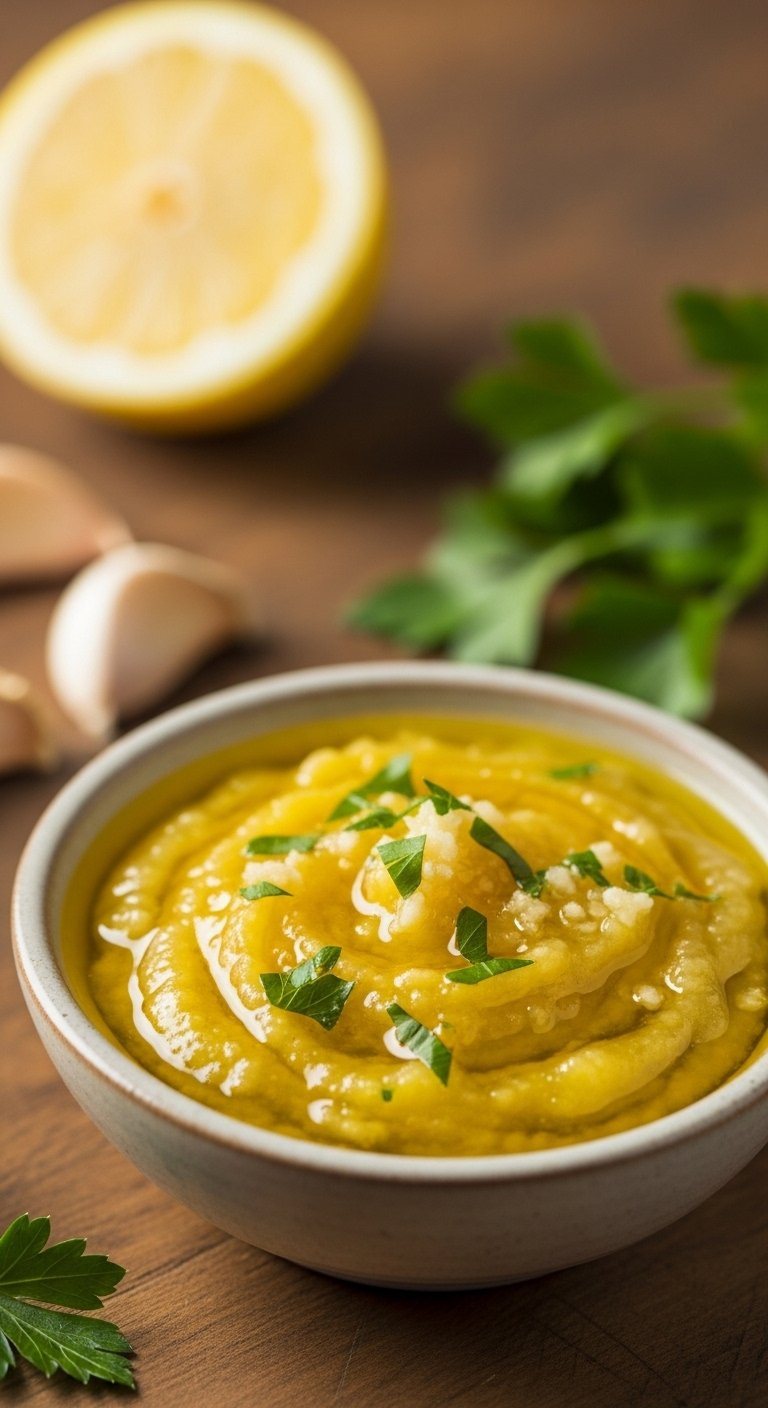 Small Rustic Ceramic Bowl Filled With Rich Golden Garlic Butter Sauce Garnished With Fresh Parsley And Minced Garlic.