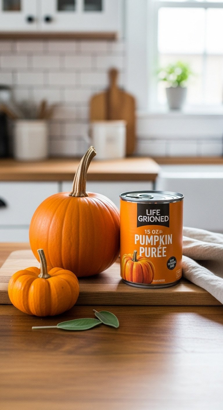 Small Sugar Pumpkin And 15Oz Pumpkin Purée Can On Rustic Wooden Counter With Sage Leaf, Linen Napkin. Essential Raw Ingredients For A Delicious Pumpkin Recipe.