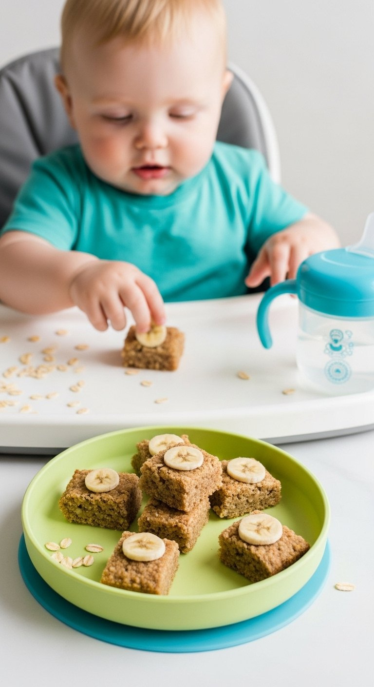 Small Toddler-Friendly Nut-Free Banana Oat Bars Arranged On Colorful Kid-Friendly Plate With Sippy Cup Background.