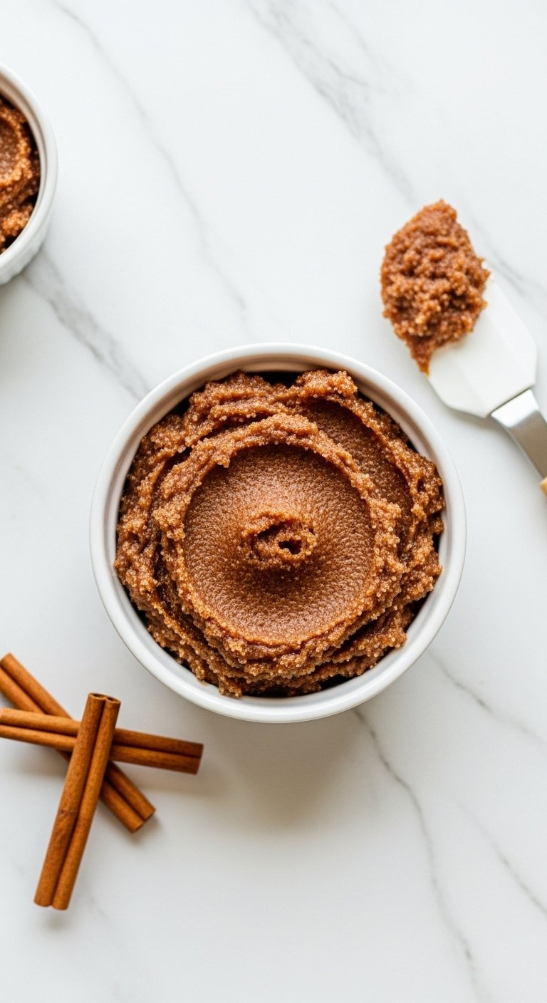 Small White Bowl Filled With Rich Dark Brown Cinnamon Sugar Filling On A Clean White Marble Countertop With A Spatula.