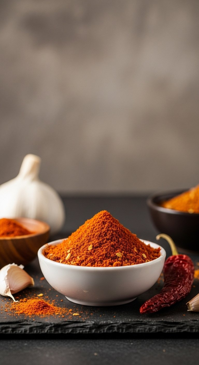 Small White Bowl Filled With Vibrant Southern Spice Blend Of Paprika, Garlic, And Cayenne.