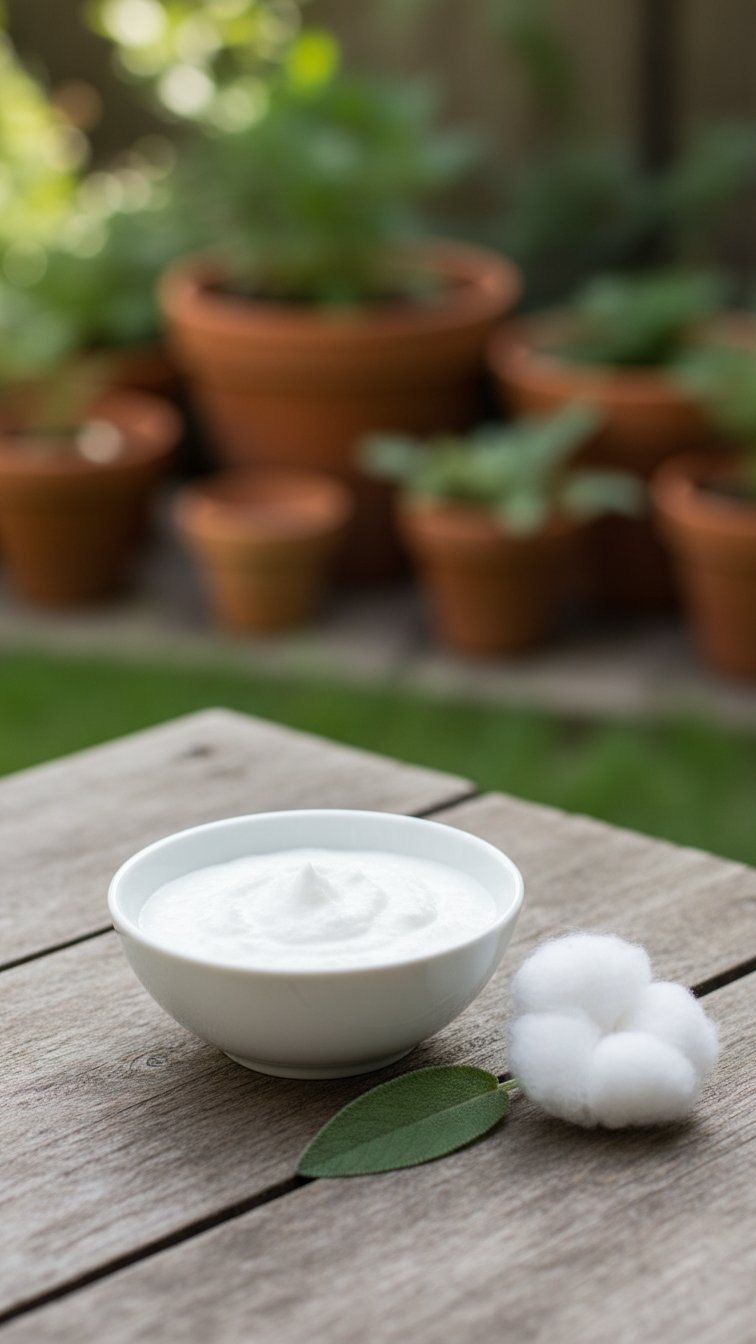 Small White Bowl With Baking Soda Paste And Green Leaf On Rustic Wooden Table For Natural Skin Relief