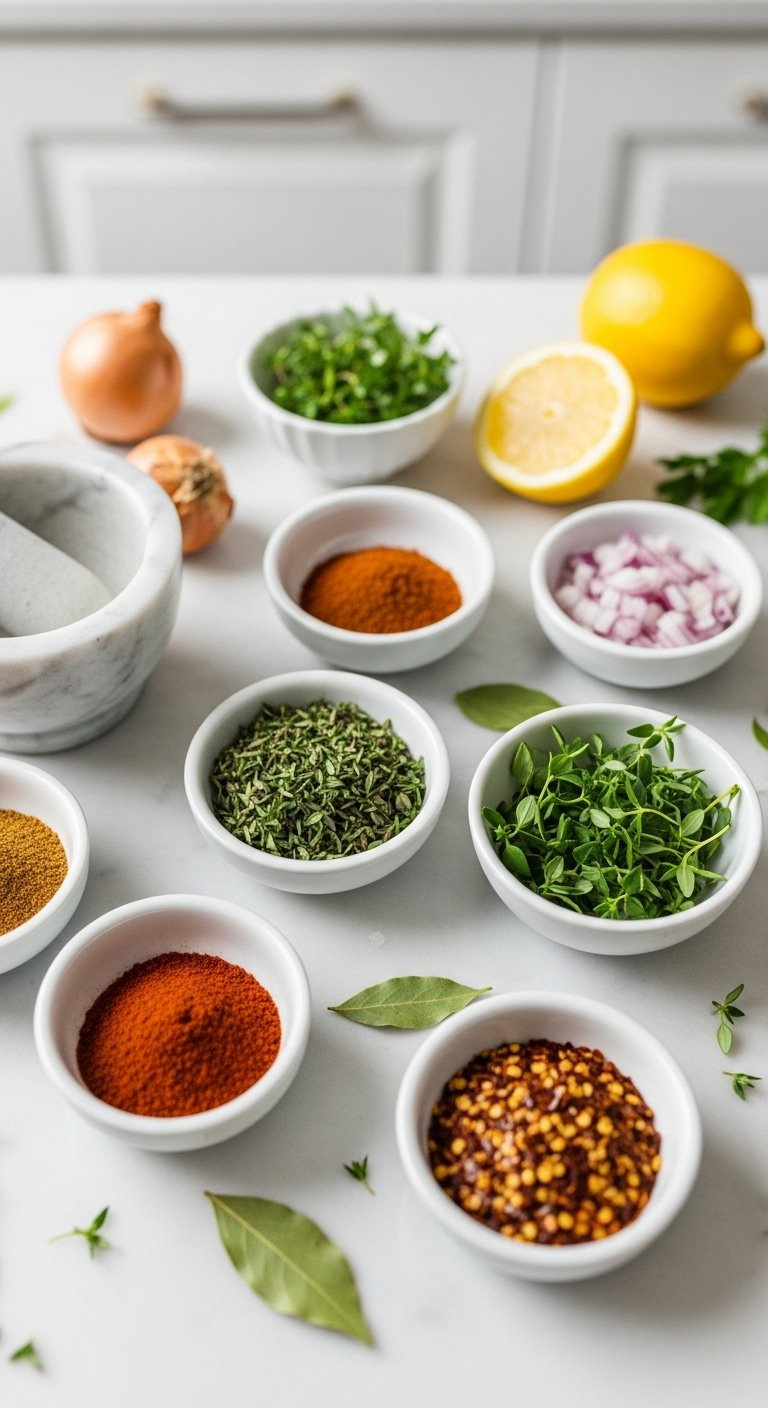 Small White Bowls Filled With Vibrant Spices And Herbs On A Light Gray Marble Countertop.