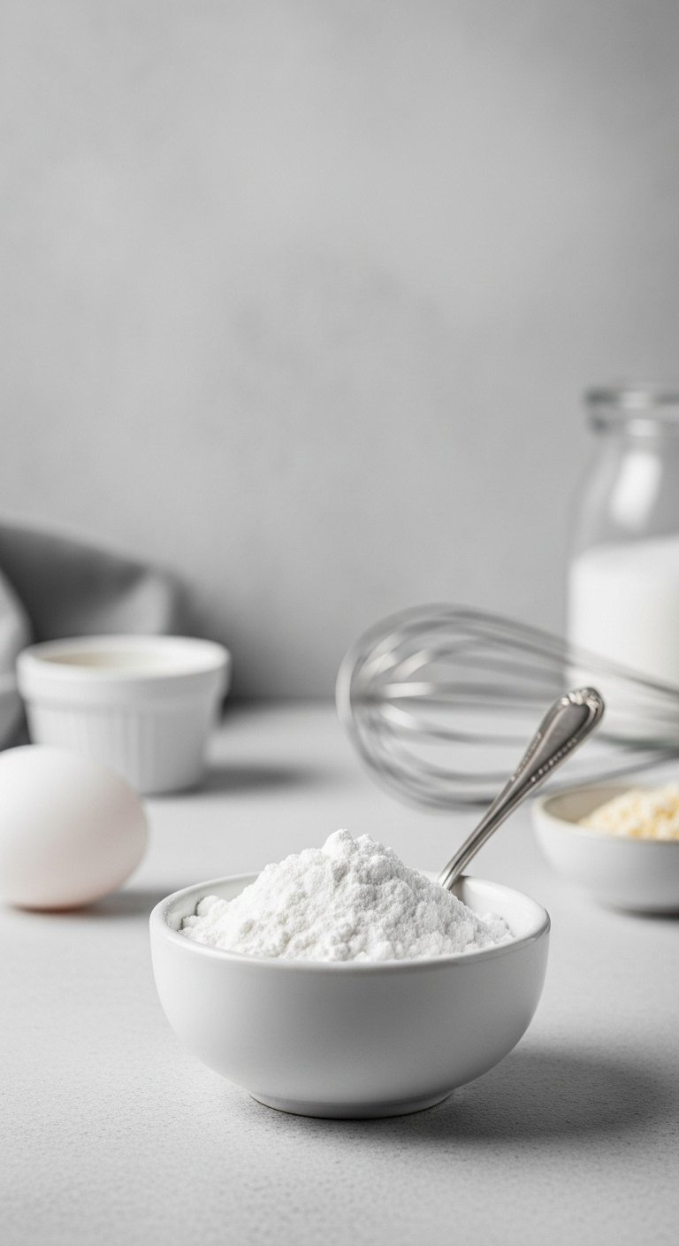 Small White Ceramic Bowl Filled With Fine White Cornstarch And A Silver Spoon On Gray Stone.