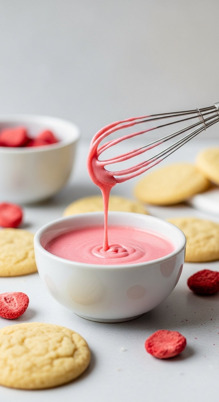 Small White Ceramic Bowl Filled With Glossy Pastel Pink Powdered Sugar Glaze With A Whisk Resting Inside.