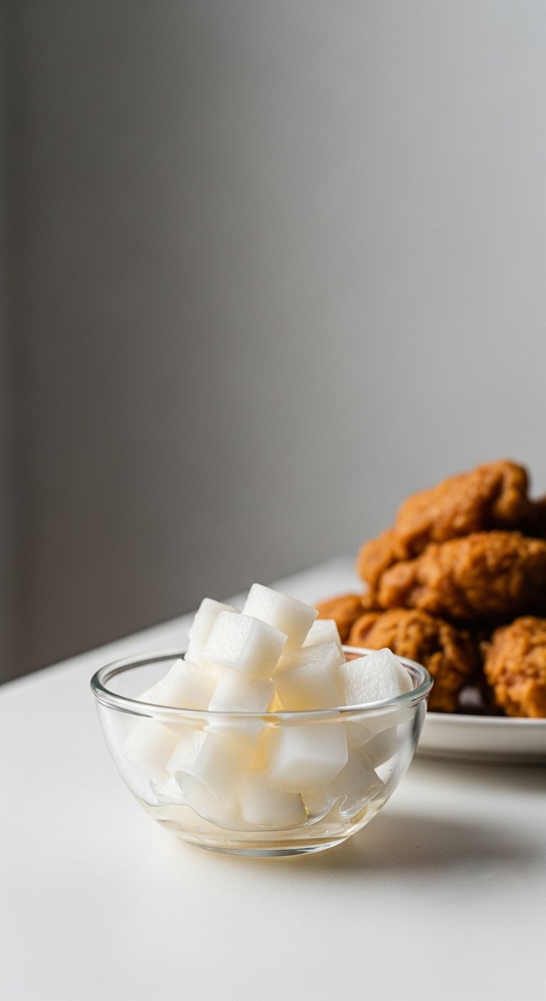 Small White Cubes Of Pickled Daikon Radish In A Clear Glass Bowl Served Beside Korean Fried Chicken.