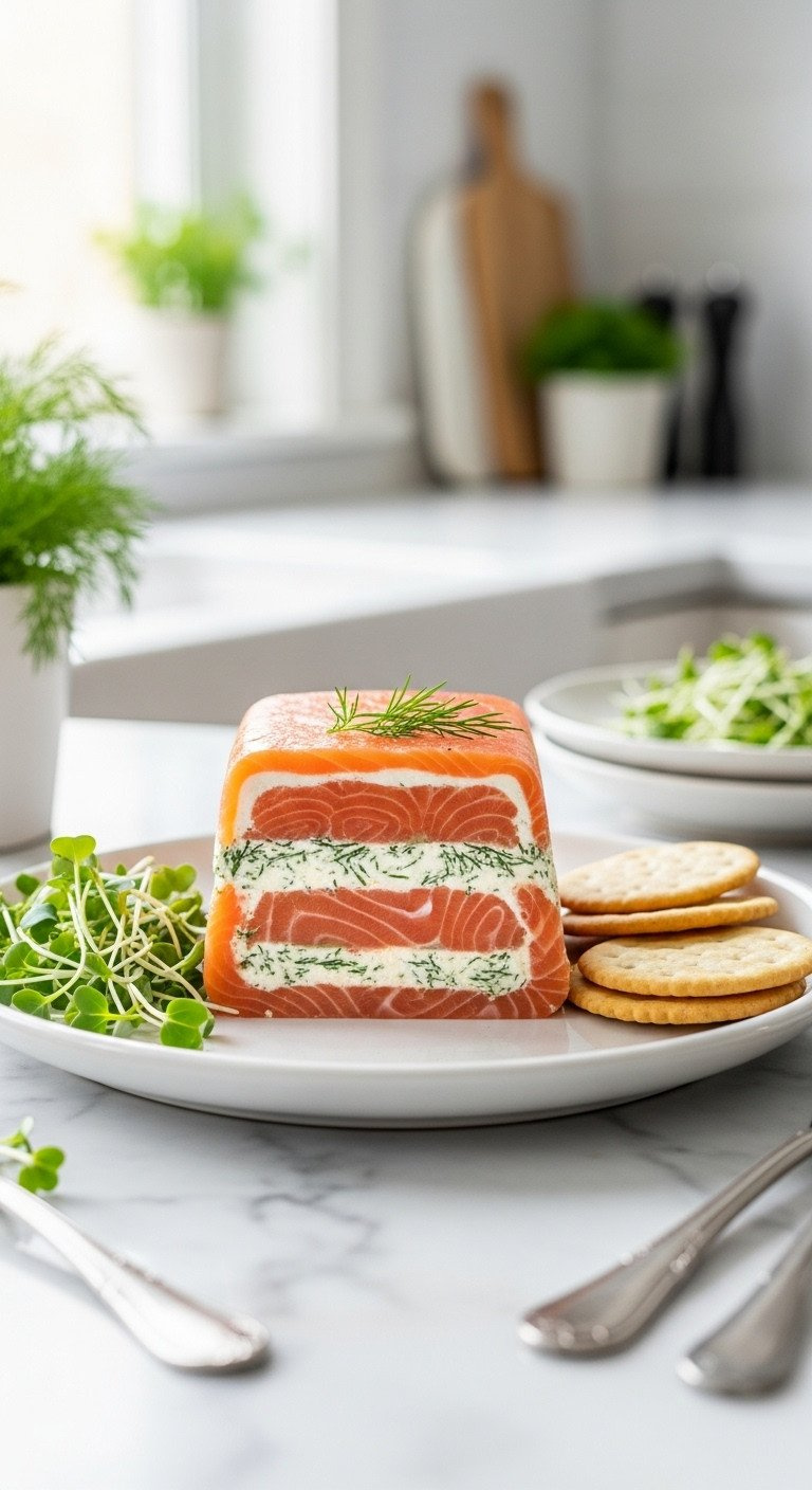 Smoked Salmon Terrine, Sliced Showing Pink Salmon, Cream Cheese, Dill Layers, Served With Microgreens.