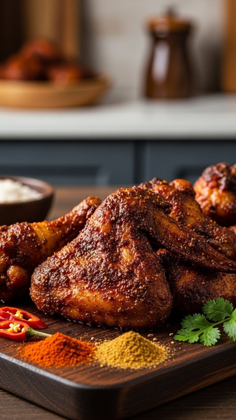 Smoked Paprika Dry Rub Chicken Wings With Spice Coating On Dark Rustic Wooden Board With Cilantro Garnish