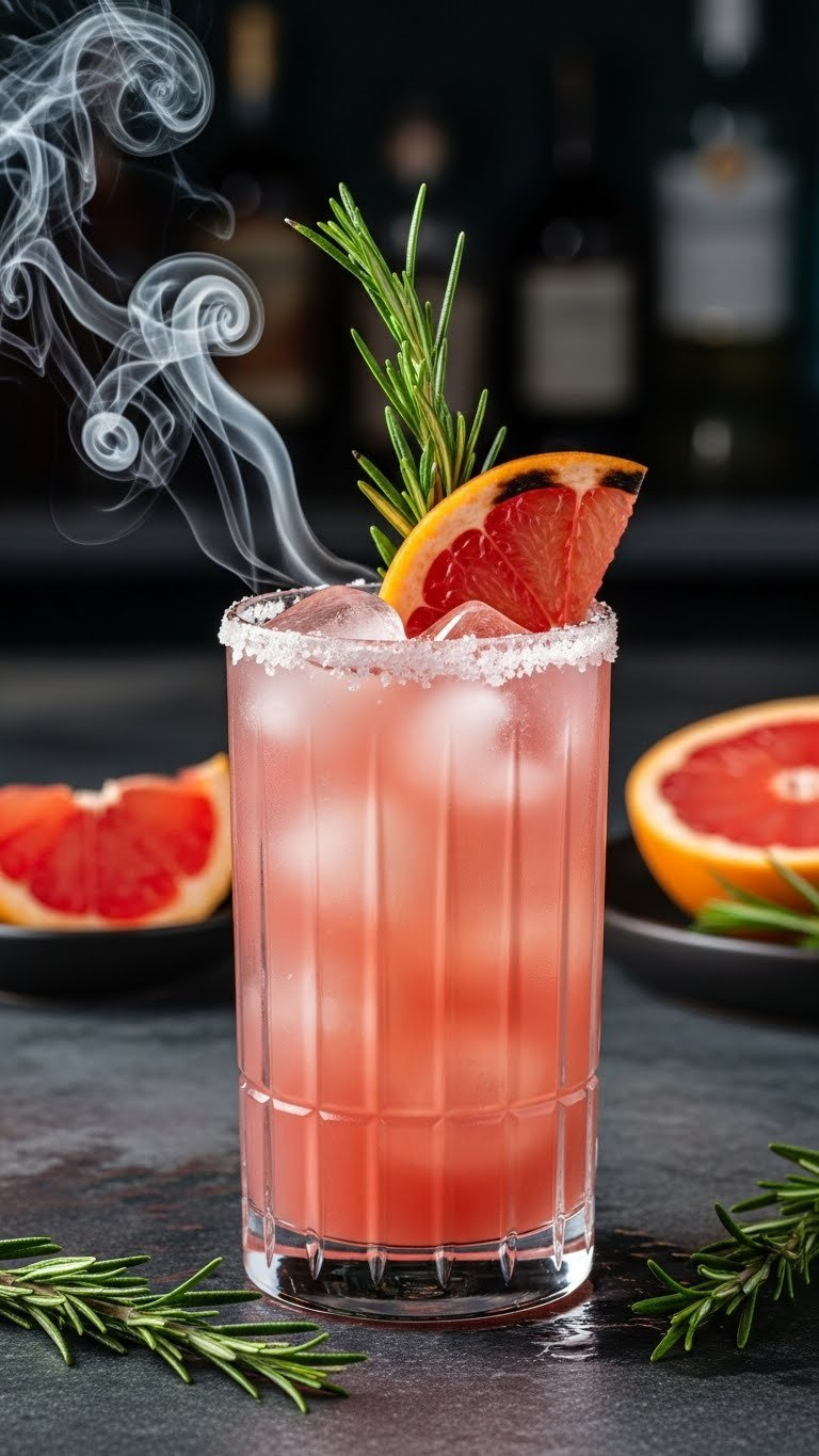 Smoked Rosemary Grapefruit Paloma Mocktail In Frosted Highball Glass With Salted Rim And Charred Rosemary Garnish