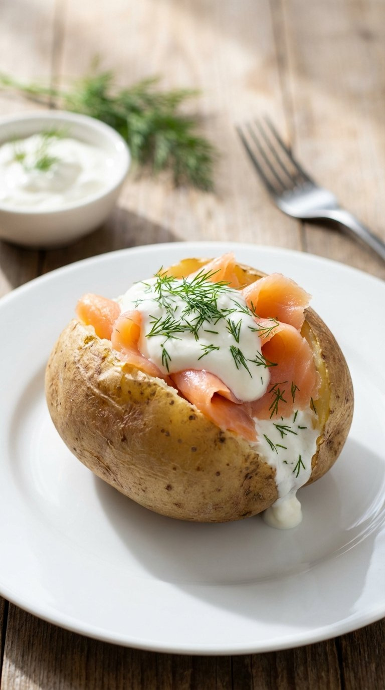 Smoked Salmon And Dill Baked Potato With Greek Yogurt On White Porcelain Plate
