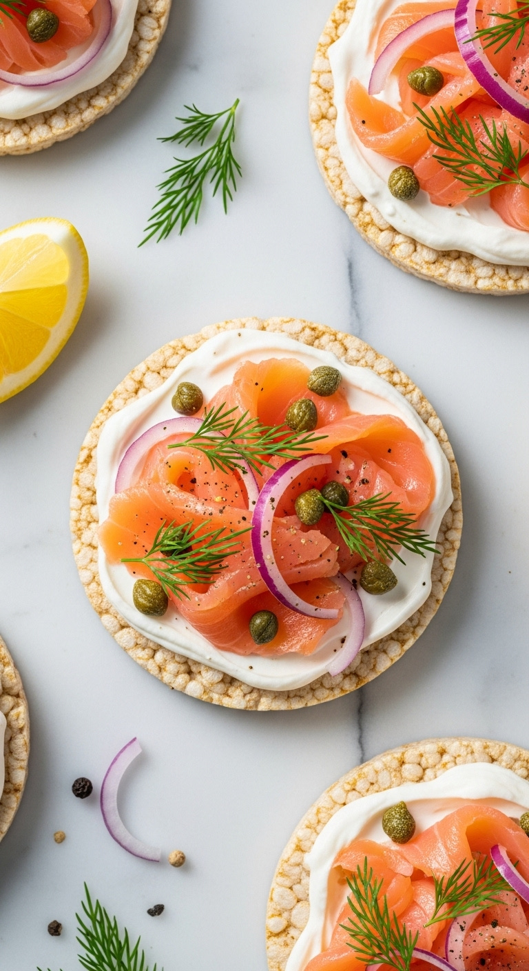 Smoked Salmon And Dill Rice Cake With Cream Cheese Capers And Red Onion On A Marble Countertop With Lemon And Peppercorns