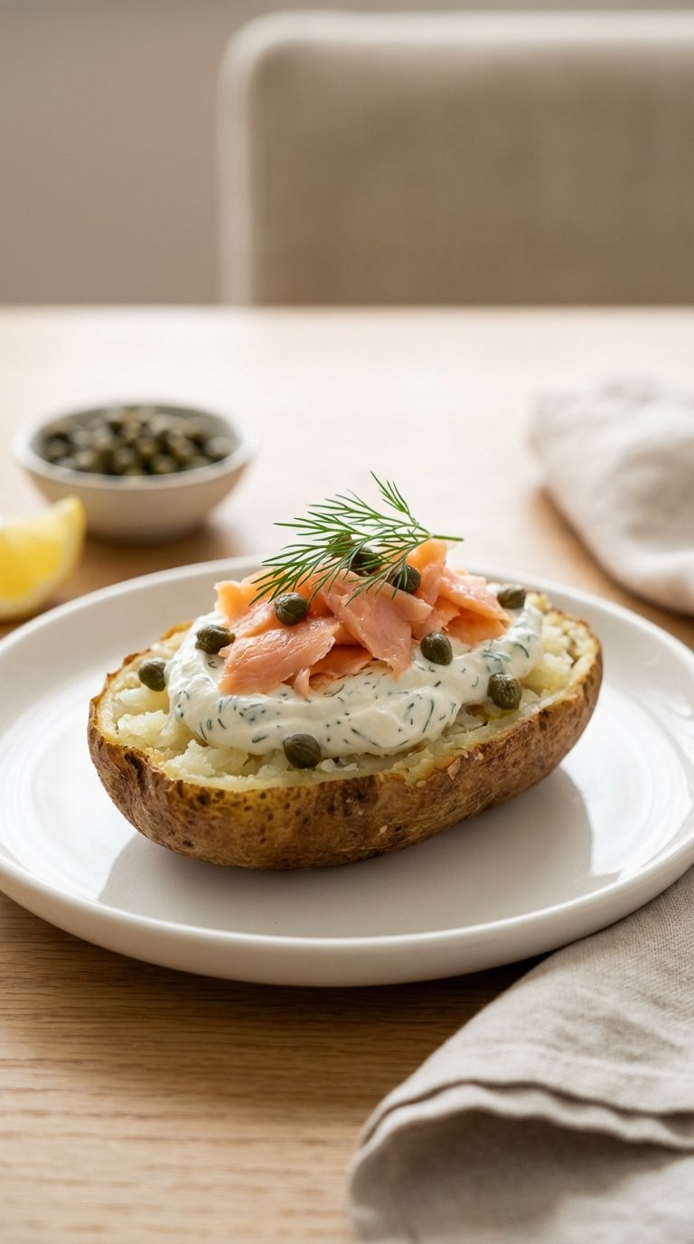 Smoked Salmon Baked Potato With Dill Cream Cheese, Capers, And Fresh Dill On White Ceramic Plate
