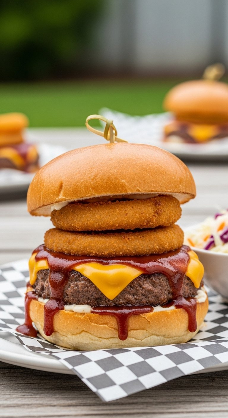 Smoky Bbq Onion Ring Slider With Cheddar Cheese And Coleslaw In Rustic Picnic Basket Setting.