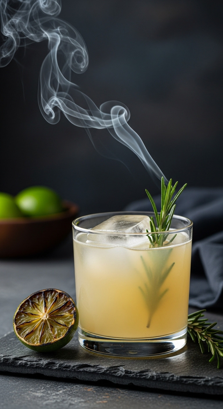 Smoky Graveyard Mezcal Sour With A Smoking Rosemary Garnish And Charred Lime Wheel On A Dark Stone Surface
