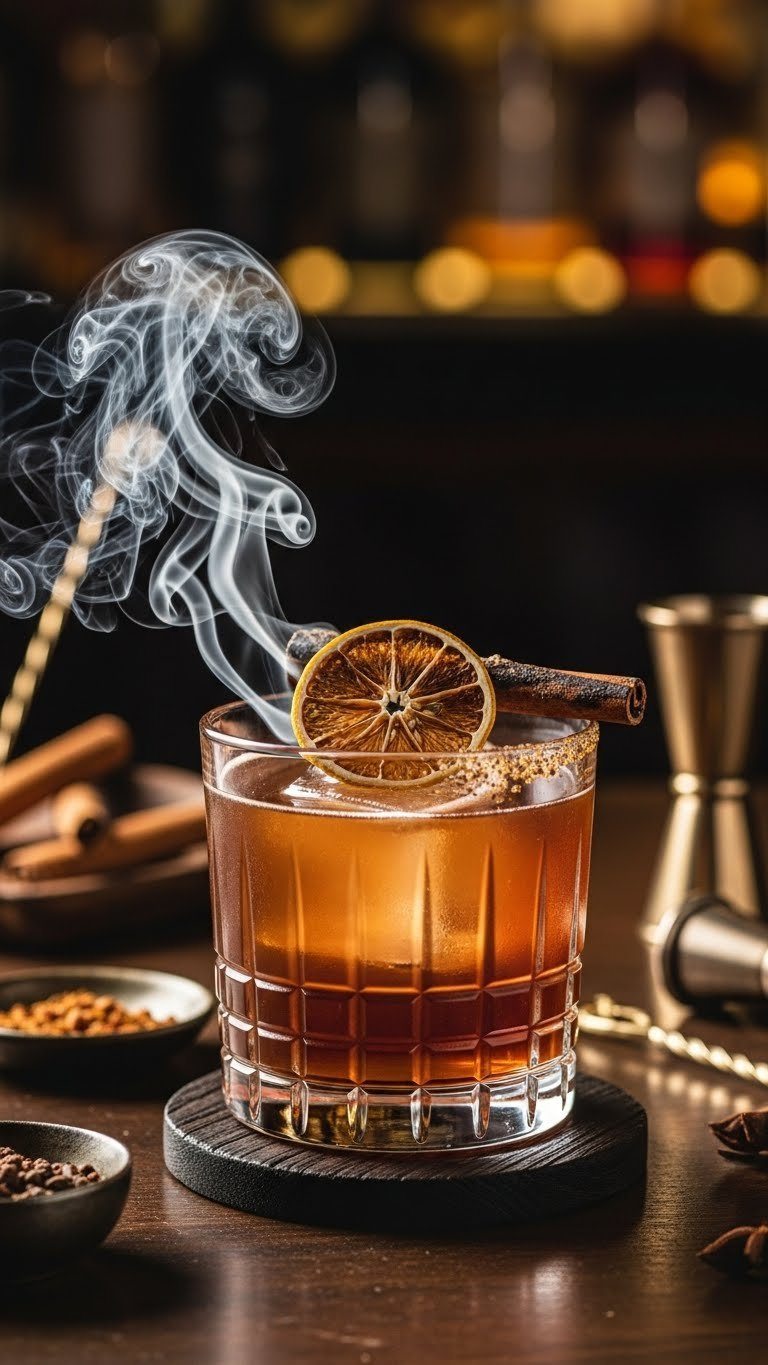 Smoky Mezcal Zombie Cocktail With Smoke Wisps And Charred Cinnamon Garnish On Rustic Coaster