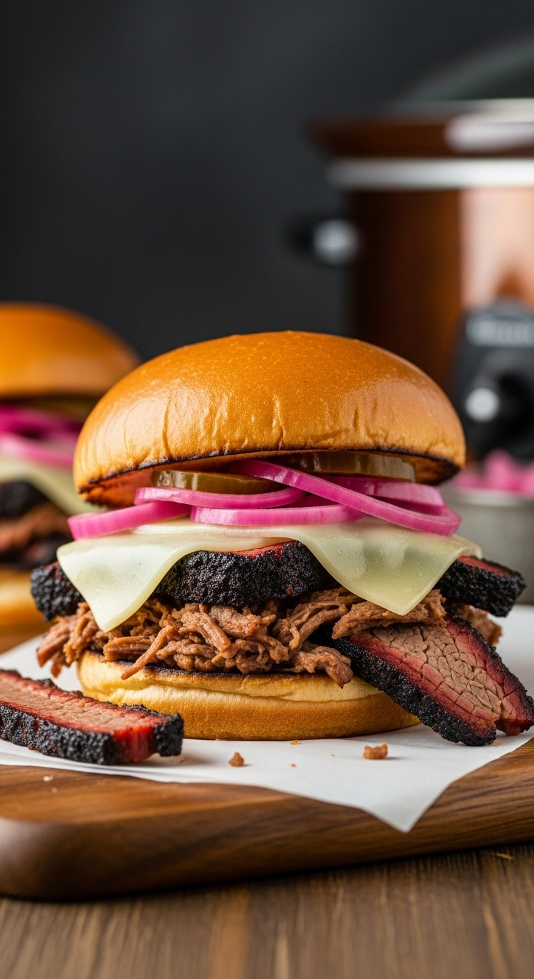 Smoky Pulled Beef Brisket Sandwich With Melted Provolone And Pickled Red Onions On A Toasted Brioche Bun
