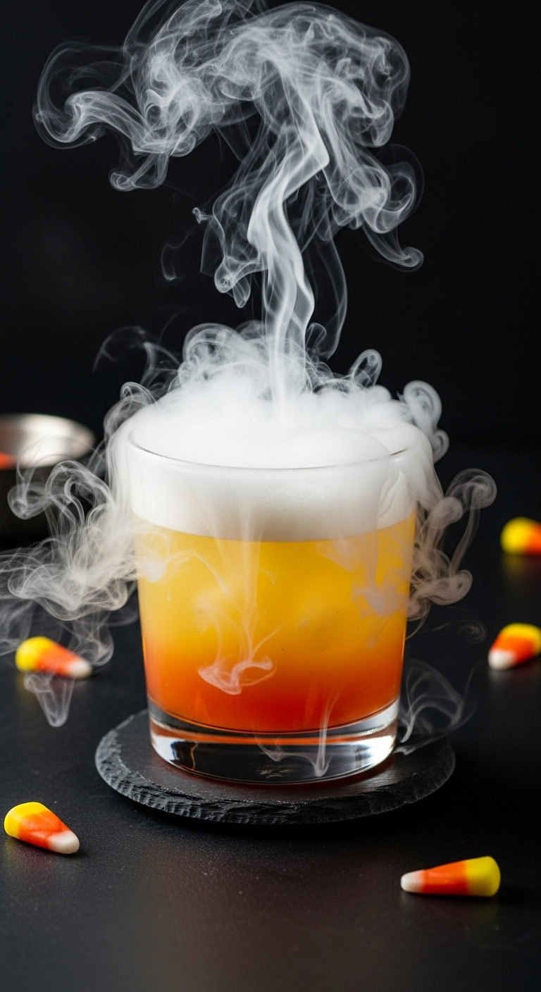 Smoky Candy Corn Gin Fizz In A Rocks Glass With Dry Ice Smoke And Layered Colors On A Dark Slate Coaster