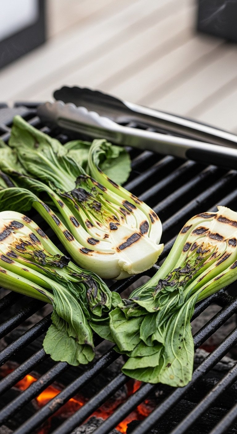 Smoky, Grilled Baby Bok Choy Halves With Perfect Char Marks Resting On Grill Grates Over Glowing Embers. A Summer Bbq Side Dish Recipe.