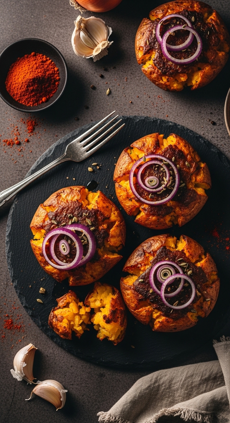 Smoky Paprika And Onion Smashed Potatoes With Crispy Edges On A Dark Slate Platter With Spices
