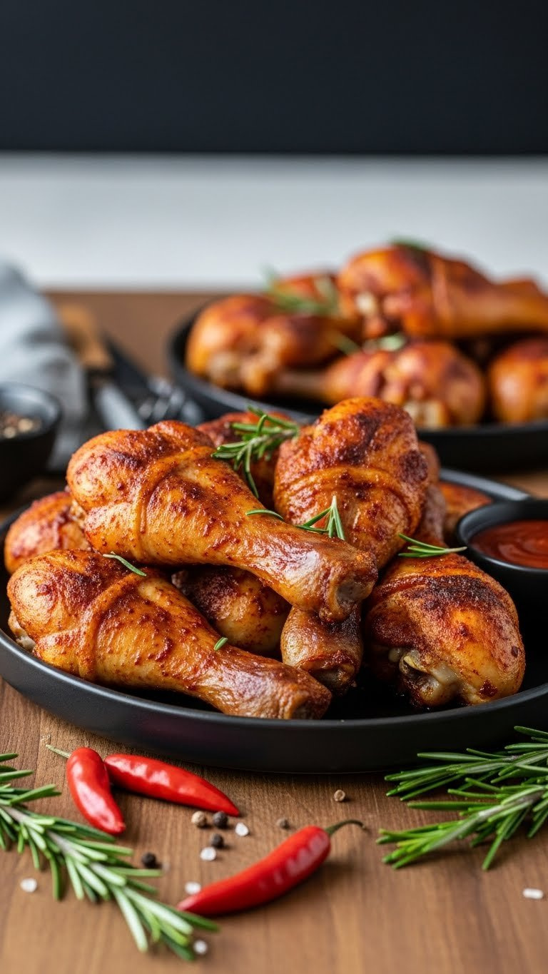 Smoky Paprika Baked Chicken Drumsticks With Reddish-Brown Crust Piled On Dark Ceramic Platter With Rosemary