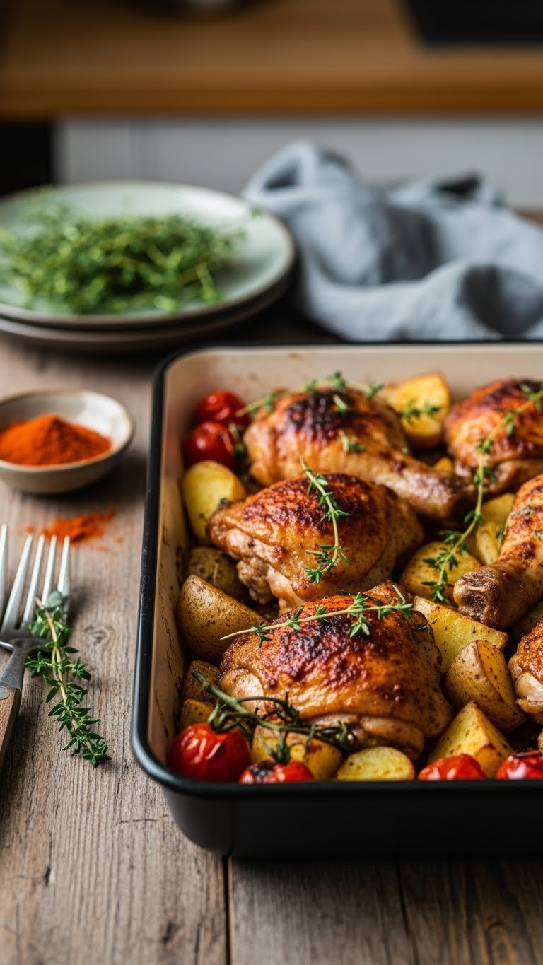 Smoky Paprika Chicken Pieces With Potato Chunks In Enamel Baking Dish With Roasted Tomatoes