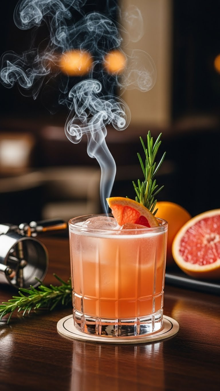Smoky Rosemary Grapefruit Fizz Mocktail In Elegant Glass With Fresh Rosemary Sprig And Grapefruit Wheel On Dark Bar Top