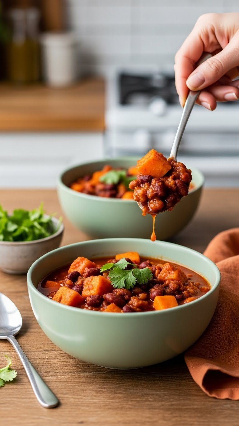 Smoky Sweet Potato Baked Bean Chili Bowl With Tender Orange Chunks, Deep Brown Beans, And Fresh Cilantro Garnish