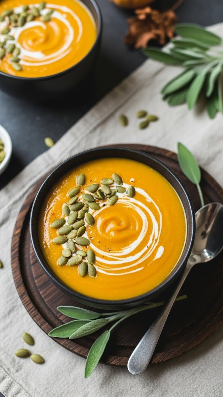 Smooth Instant Pot Gluten-Free Butternut Squash Soup, Garnished With Coconut Cream And Pumpkin Seeds, On A Rustic Wooden Board.