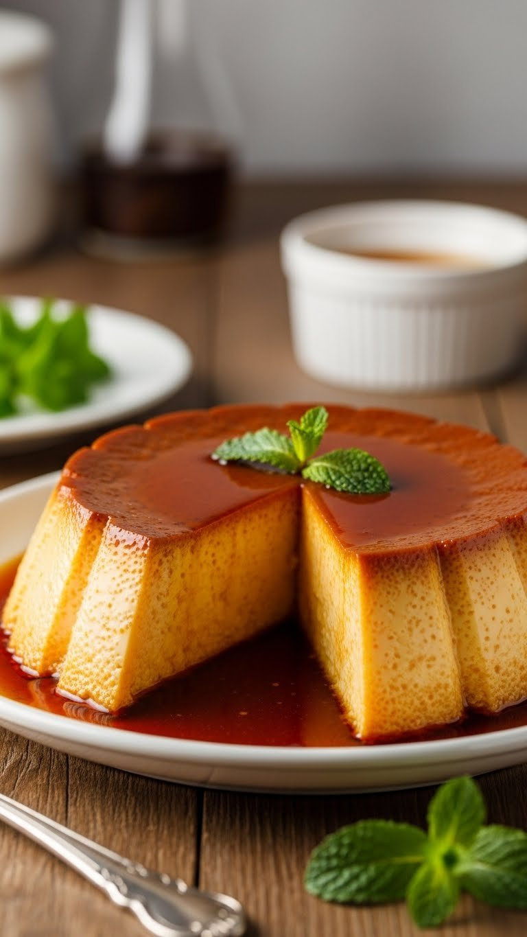 Smooth Mexican Flan With Thick, Glossy Caramel Sauce Cascading, On A Serving Dish, Garnished With Fresh Mint On Wooden Table.