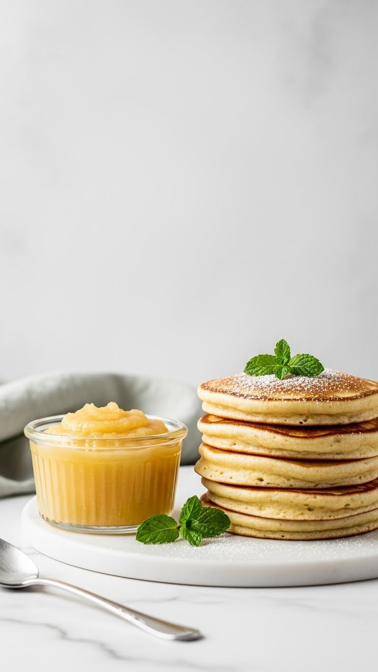 Smooth Applesauce In A Ramekin Next To Fluffy Eggless Pancakes, A Vibrant Natural Vegan Egg Substitute.