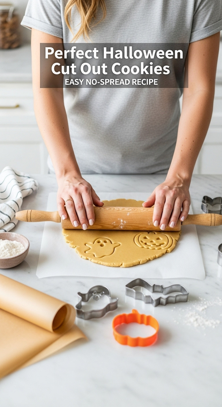Smooth Cookie Dough Rolled On Parchment With A Rolling Pin And Thickness Guides. Halloween Ghost, Pumpkin, Bat Cookie Cutters Ready.