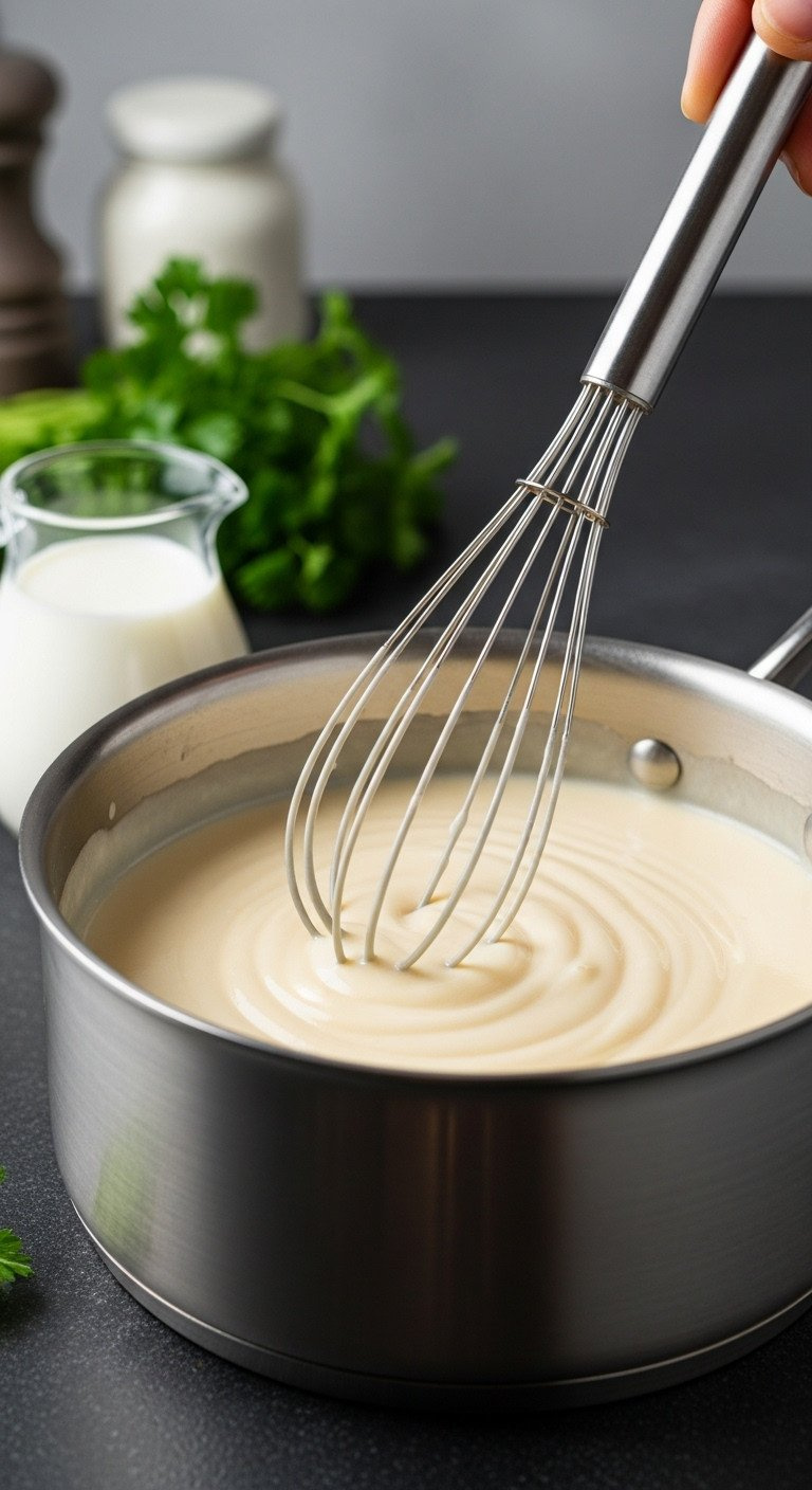 Smooth, Creamy Béchamel Sauce Whisked In A Stainless Steel Saucepan On A Dark Stone, Showcasing Texture.