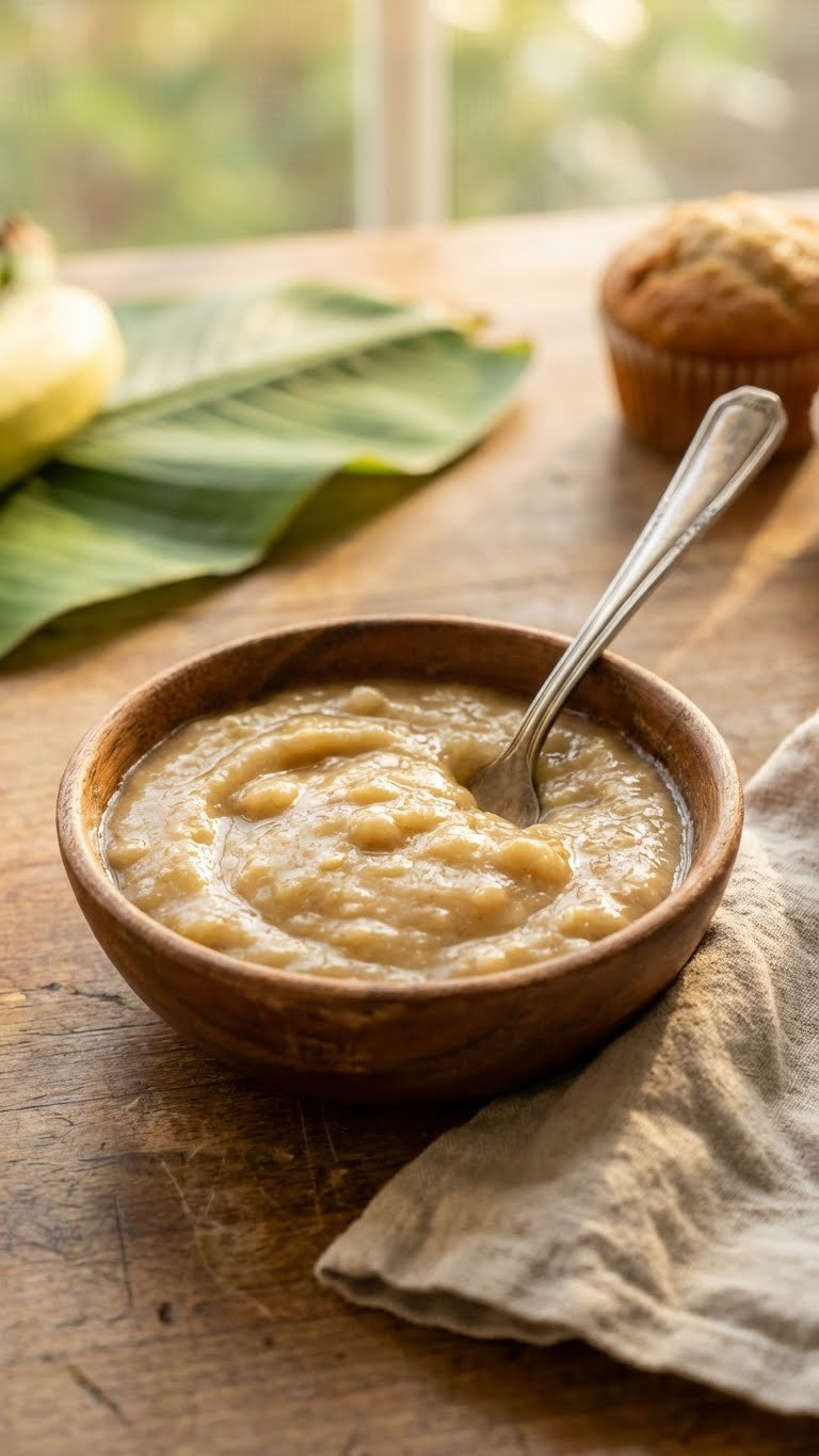 Smooth, Creamy Mashed Ripe Bananas In Rustic Wooden Bowl On Natural Counter, With Fork, Ready For Healthy Baking.