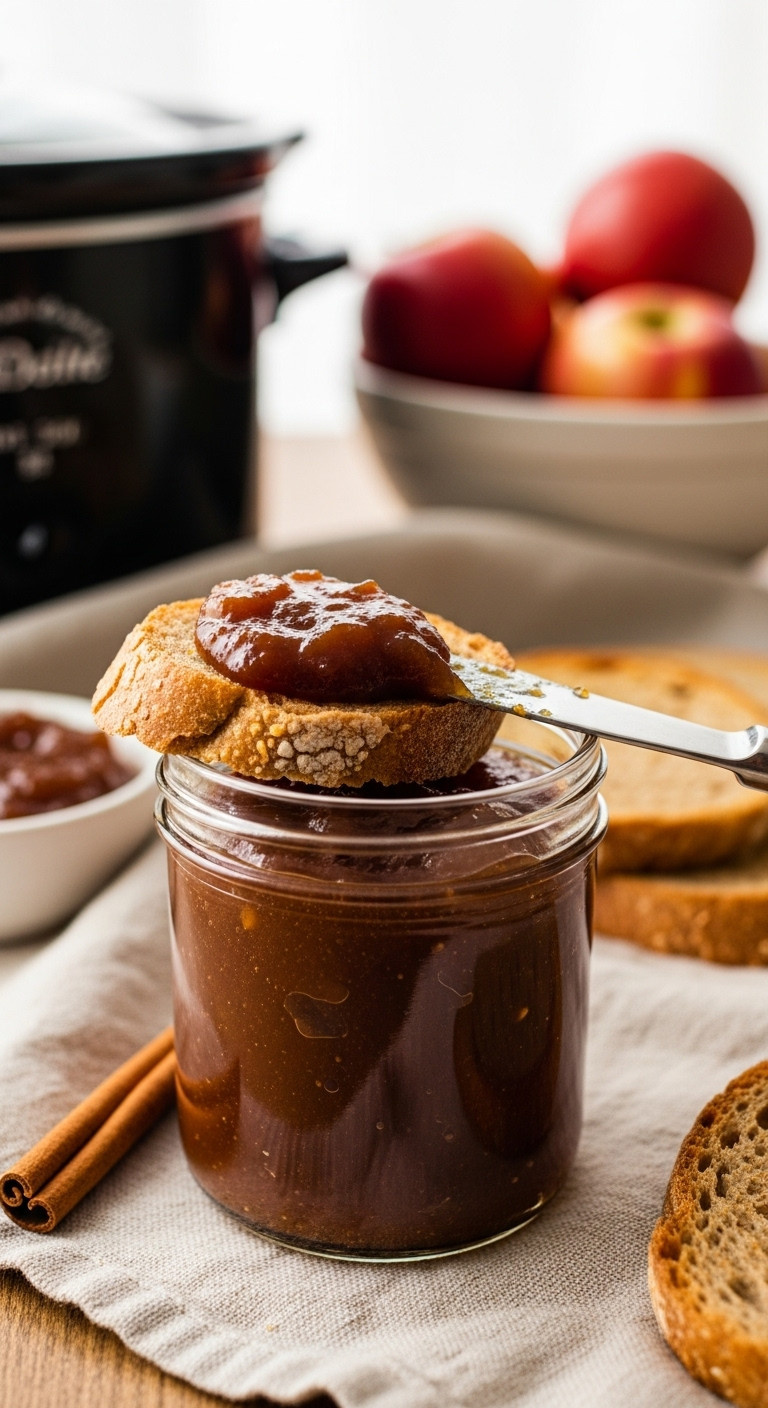 Smooth Dark Apple Butter In A Glass Jar, Spread On Rustic Toast. A Knife Rests Beside It On A Linen Tablecloth.