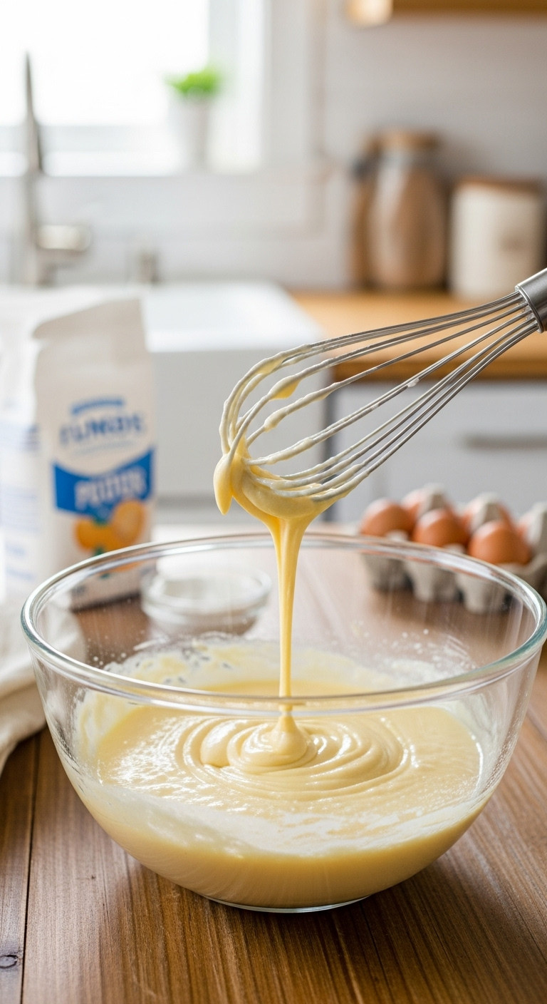 Smooth, Glossy Pale Yellow Corn Casserole Batter In A Glass Mixing Bowl With A Whisk, Ready For Baking On A Rustic Wooden Table.